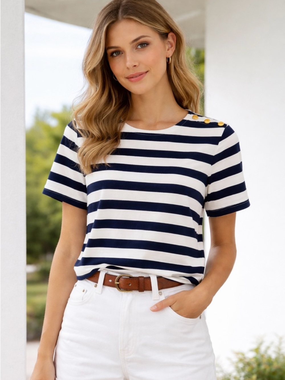 J. Crew Women’s 100% Cotton Blue & White Striped Top w/ Gold Button Detail Sz M